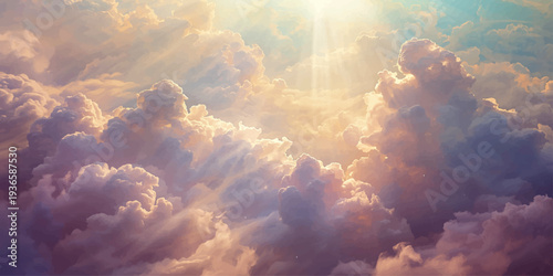 An aerial view of the beautiful blue sky reveals dramatic white clouds and golden sunlight rays piercing through the atmosphere during a summer sunset