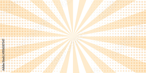 Radial motion lines forming a dramatic action burst. Vector sunray stripe background. Light sunburst glowing background. Retro comic gradient background pixelated dotted texture overlay. 