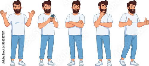 Male character poses set showing emotions and gestures, casual man with beard using phone thinking crossing arms thumbs up modern vector illustration