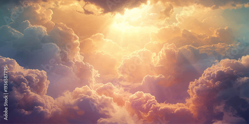 A beautiful summer day features bright white clouds drifting through a clear blue sky as golden sunlight creates a stunning high atmosphere cloudscape