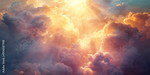 A dramatic sunset illuminates the sky where sun and clouds meet an abstract earth in fire, creating a beautiful nature background of light and dark storm clouds