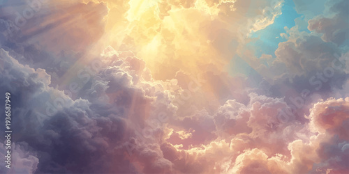 A dramatic summer cloudscape captures white clouds and the sun across a beautiful blue nature sky with abstract light during a cloudy day