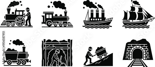 Black and White Industrial Transportation and Mining Icons – Steam Locomotive, Ship, Miner, Coal Cart, Railway Tunnel – Historical Silhouette Vector Set