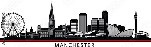 Manchester City Skyline Silhouette with Ferris Wheel and Iconic Buildings Keywords: Manchester, skyline, silhouette, city