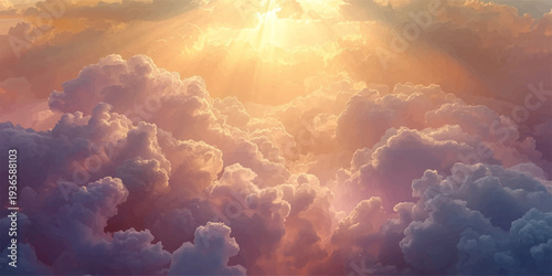 Dramatic aerial view of a bright blue summer sky where sunlight pierces through beautiful white clouds and dark storm atmosphere over a city at sunset