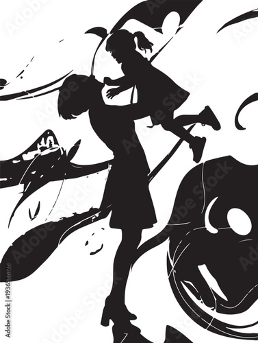 Young girl piggybacking on woman silhouette illustration.