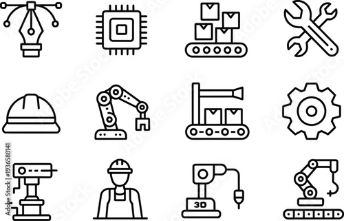 Industry, automation, robotics, manufacturing, production, factory, engineering, technology, line, icons, set, machinery, worker, equipment, assembly, vector, collection, industrial, outline, symbols