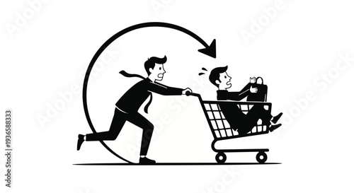 Businessman pushing another man in a shopping cart, symbolizing a cyclical and exhausting routine.