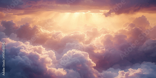 A dramatic summer cloudscape features white clouds and the sun breaking through a blue sky to create a beautiful light over the natural landscape