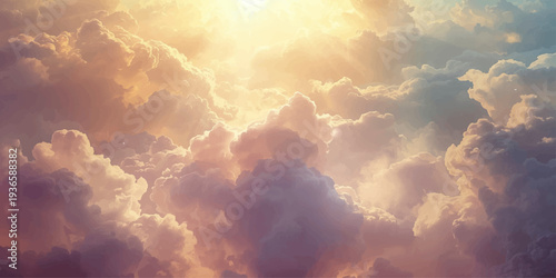 Beautiful white clouds and the golden sun drift across a dramatic blue sky landscape, creating a beautiful summer cloudscape filled with natural light and a sense of heavenly space