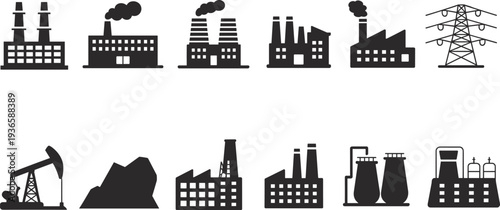 Industrial, factory, power, plant, manufacturing, refinery, energy, production, industry, silhouette, icons, set, electricity, mining, oil, equipment, infrastructure, vector, collection, buildings