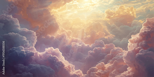 High aerial view of the sunlit earth and blue horizon through a white cloudscape from an airplane flight high in the sky