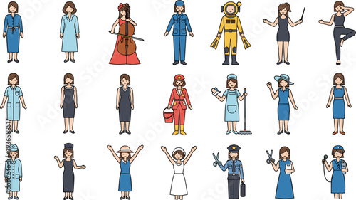 Women professions characters set showing different careers including nurse police chef firefighter astronaut musician teacher businesswoman modern female occupation vector illustration collection