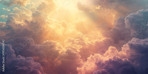 A dramatic summer cloudscape featuring white clouds and the sun across a blue sky evokes a sense of natural heaven with bright sunlight and atmospheric weather backgrounds