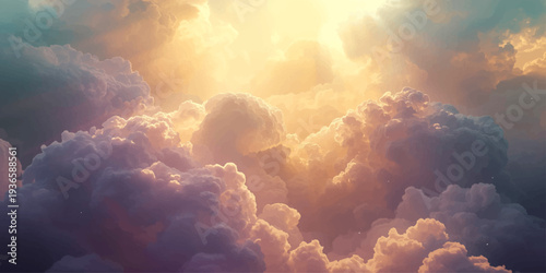 Beautiful blue sky landscape with bright sun rays breaking through white clouds during a dramatic sunset atmosphere