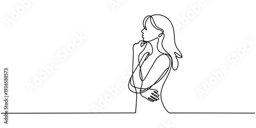 standing woman thinking continuous one line drawing, Continuous line drawing of beautiful pensive female standing looking away against. Single one line drawing of standing woman thinking. Vector.