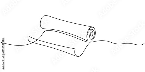 Old parchment scroll continuous one line drawing, Minimalist continuous line drawing of an ancient rolled parchment scroll on a white background, Papyrus Old paper, one line drawing continuous hand.
