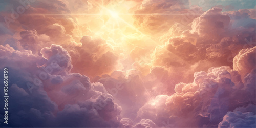 Dramatic white clouds drift across a beautiful blue summer sky as the bright sun creates an abstract cloudscape over the natural atmosphere
