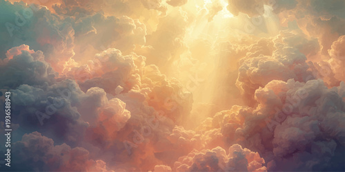 Dramatic fire-red clouds ignite the summer sky during a beautiful sunset as sunlight pierces through the dark atmosphere to create a bright nature abstract