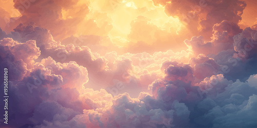 Dramatic fire and clouds fill the sunset sky with an abstract, dark atmosphere as sunlight breaks through the cloudy blue nature of a summer storm