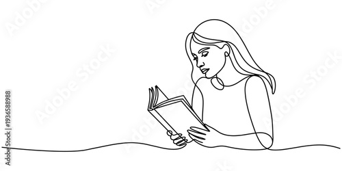 Woman Reading or Studying. Single Line Drawing Style with Editable Stroke, woman focused on reading interesting book continuous one line drawing, Single continuous line drawing happy woman sitting on