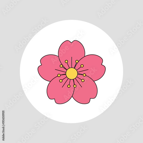 Cherry blossom icon with detailed pink petals and yellow stamens inside a grey circle.
