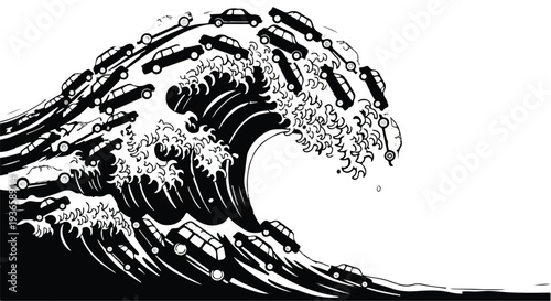 Massive wave of cars crashing, symbolizing traffic congestion and automotive chaos