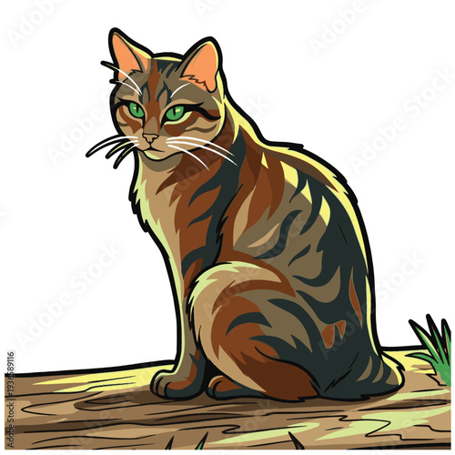 Feline Friend Sitting Gracefully on a Wooden Surface with Striking Green Eyes and a Tabby Coat Vector Design Illustration.