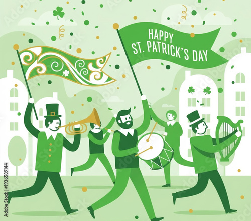 Vibrant parade celebrating St. Patrick's Day with marching band, flags, and festive decorations in a lively urban environment from a dynamic viewpoint
