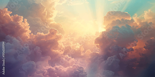 A dramatic summer sunset breaks through the dark storm clouds, casting beautiful golden sunlight across the blue sky and creating a heavenly nature landscape within the atmospheric cloudscape