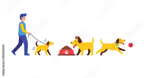 Flat vector artwork showing cheerful pet daily activities icons like dog walking, feeding time, and playing ball, simple style with vibrant colors, white background.