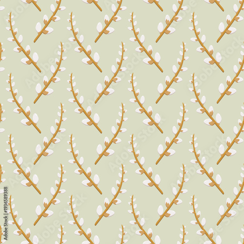 Seamless pattern of stylized pussy willow branches with brown stems and white buds, arranged diagonally on light green background, elegant spring illustration for textiles, wallpapers, and decorative