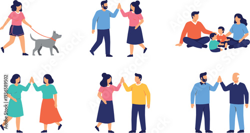 Happy Family Moments Collection with Parents, Children and Couples Walking, Playing and Greeting Cartoon Vector Illustration Set