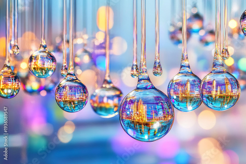 Abstract colorful glass droplet reflection city neon light bokeh futuristic Abstract colorful glass droplet reflection city neon light bokeh futuristic background with glowing urban skyline