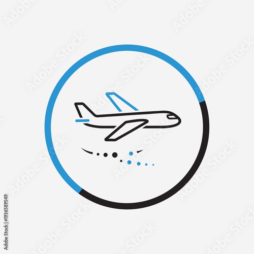 Minimalist outline icon of an airplane in flight, with a circular frame and dotted trail, signifying travel.