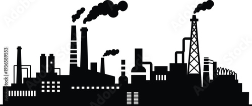 Vector silhouette of an industrial factory complex with smoking chimneys and manufacturing buildings on a white background.