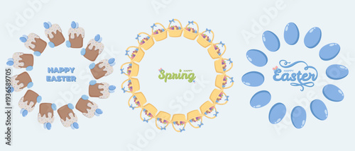 Three circular wreath designs Easter cakes with icing and eggs, baskets with colorful eggs and bows, and blue eggs in a ring, each with festive HAPPY EASTER or HAPPY Spring text, cheerful seasonal