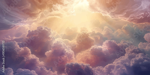 A dramatic summer cloudscape features bright white clouds and the sun breaking through a deep blue sky to create a majestic atmosphere of light and shadow