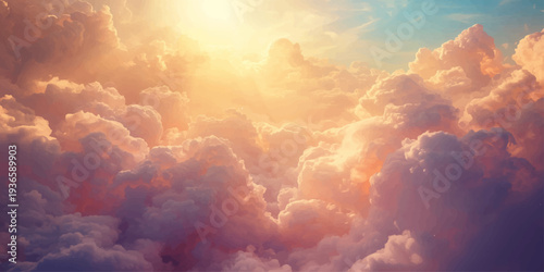 A beautiful summer sunset illuminates the blue sky as golden sunlight pierces through white clouds to create a breathtaking nature cloudscape in the atmosphere