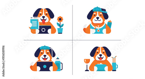 Simple flat vector illustration of pet care routine icons including dog walk, food bowl, and ball toy, minimal design with bright colors, white background.