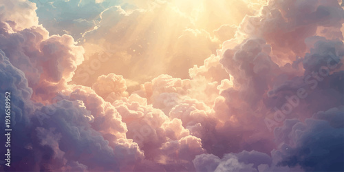 Fluffy white cumulus clouds drift across a bright blue summer sky as sunlight breaks over the mountains to create a beautiful and serene nature cloudscape