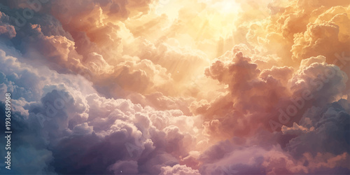 Dramatic white clouds and golden sun light drift across a beautiful blue summer sky in this abstract nature cloudscape