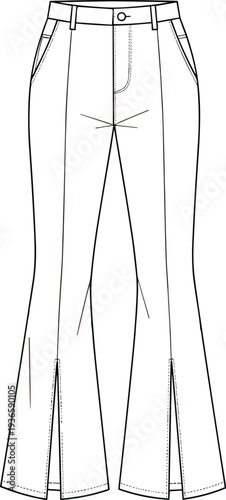 Technical flat fashion sketch of women's high waisted flared trousers with front seams, side pockets, and bottom leg slit details.