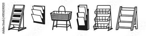 Collection of retail display stands and baskets for product merchandising