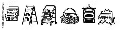 Collection of diverse brochure and magazine holders in a clean line art style
