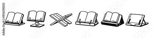 Collection of diverse book stands and reading holders in a simple line art style