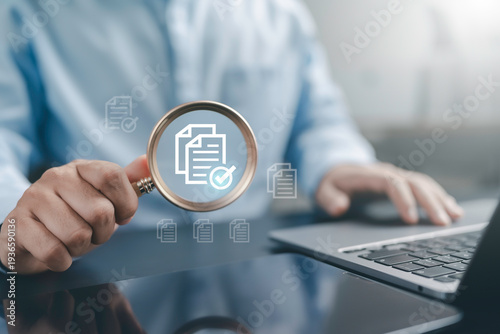 Wallpaper Mural Digital document verification concept, magnifying glass analyzing online files for data validation, compliance audit, compliance, tax document review, accounting, and secure information management Torontodigital.ca