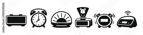 Collection of diverse alarm clock icons representing different styles and functions