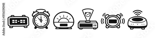 Collection of various alarm clock and timer icons in a simple line art style