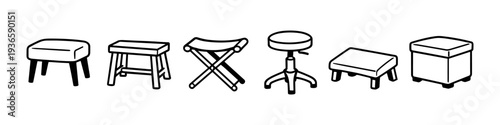 Collection of diverse stools and ottomans in a simple line art style